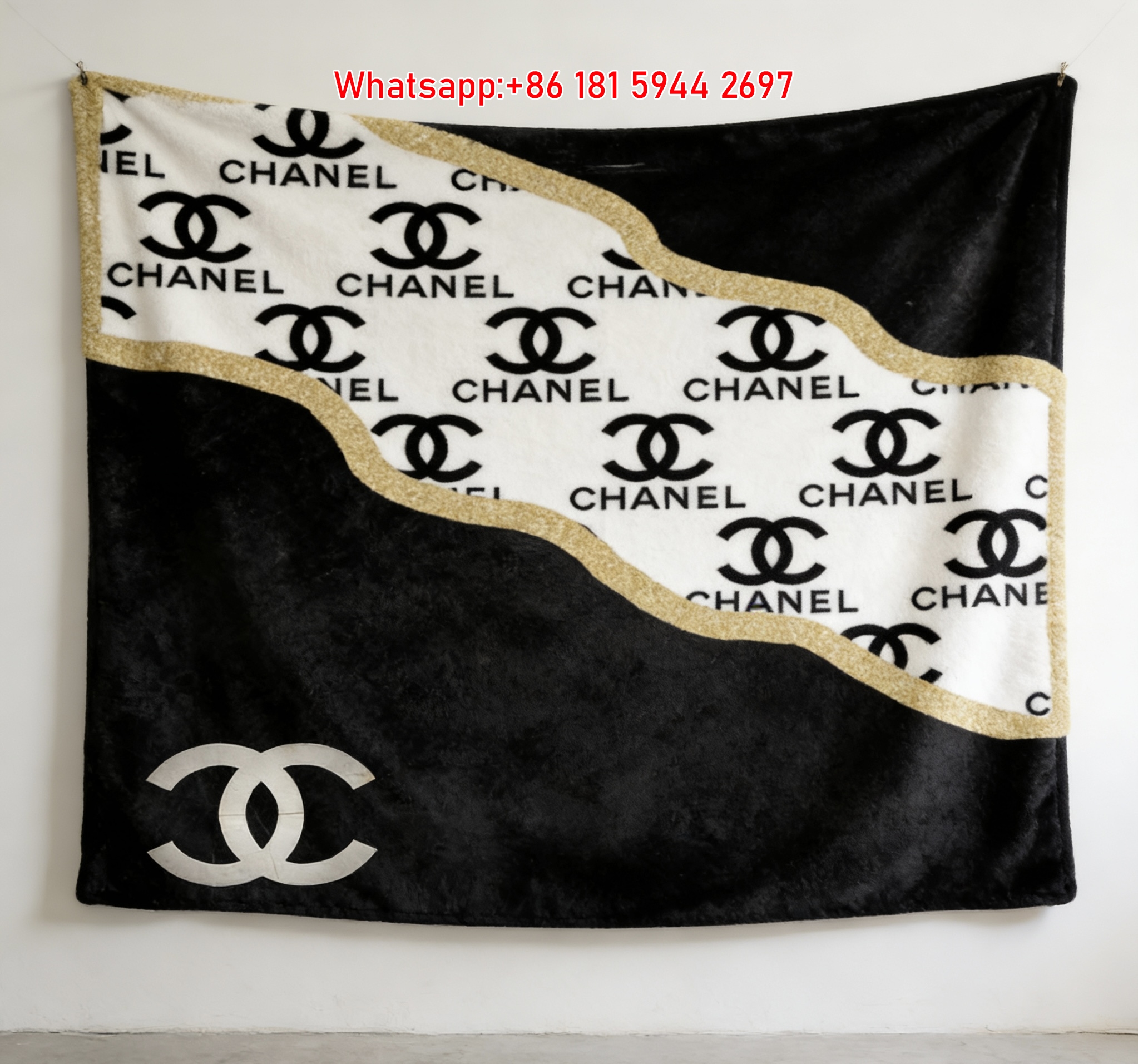 Chanel Black White Gold Trim Flannel Sofa Throw Blanket IMG_7255